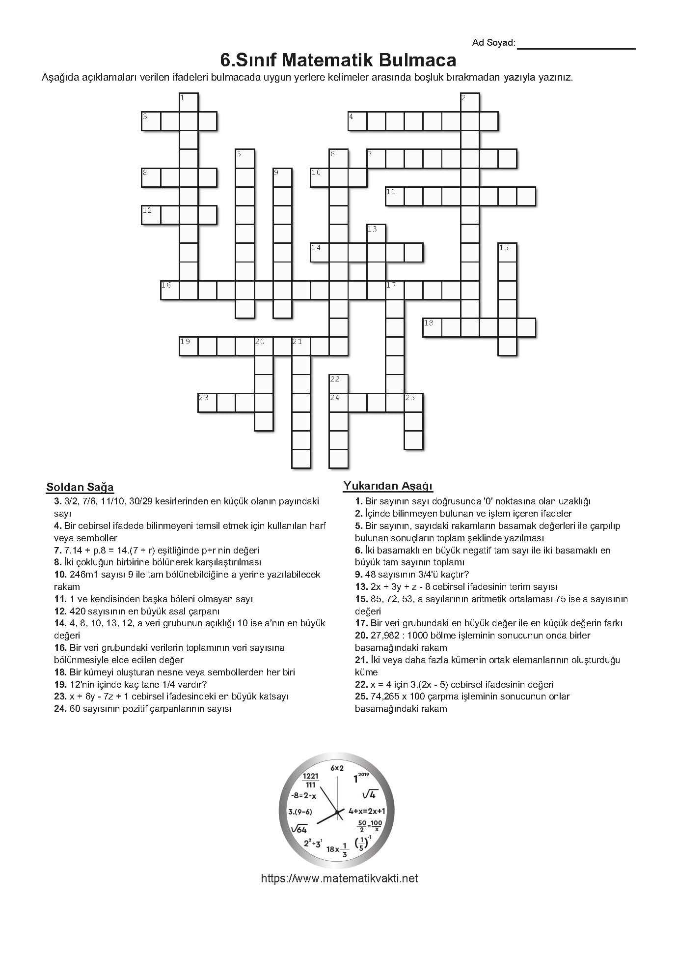 6.Sınıf Matematik Çapraz Kelime Bulmaca PDF İndir - Matematik Vakti