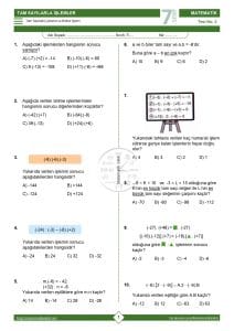 7.Sınıf Tam Sayılarla Çarpma ve Bölme İşlemi Testi