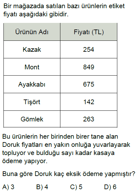 5.Sınıf Doğal Sayılarla Toplama ve Çıkarma Zihinden İşlemler Online Test