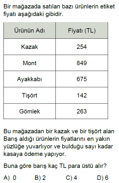 5.Sınıf Doğal Sayılarla Toplama ve Çıkarma Zihinden İşlemler Online Test