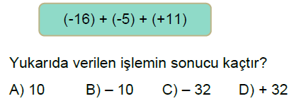 7.Sınıf Tam Sayılarla Toplama ve Çıkarma İşlemi Online Test