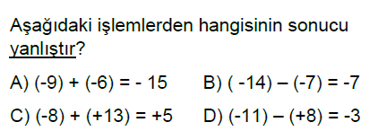 7.Sınıf Tam Sayılarla Toplama ve Çıkarma İşlemi Online Test