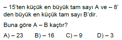 7.Sınıf Tam Sayılarla Toplama ve Çıkarma İşlemi Online Test