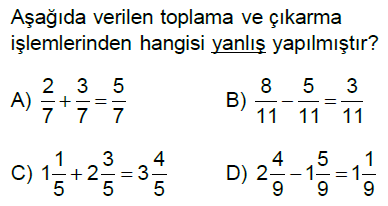 5.Sınıf Kesirlerle Toplama ve Çıkarma İşlemi Online Test