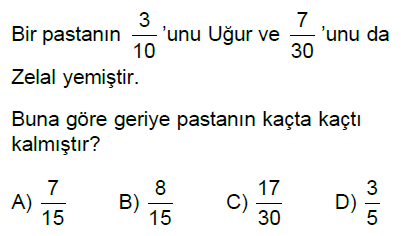 5.Sınıf Kesirlerle Toplama ve Çıkarma İşlemi Online Test