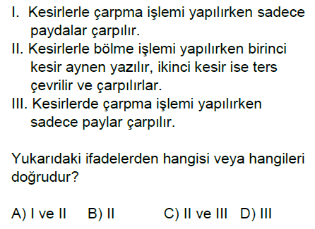 6.Sınıf Kesirlerle Çarpma ve Bölme İşlemi Online Test