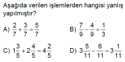 6.Sınıf Kesirlerle Toplama ve Çıkarma İşlemi Online Test