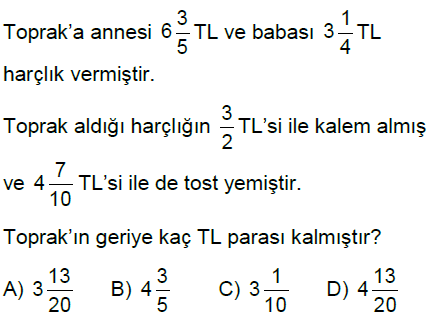 6.Sınıf Kesirlerle Toplama ve Çıkarma İşlemi Online Test