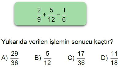 6.Sınıf Kesirlerle Toplama ve Çıkarma İşlemi Online Test