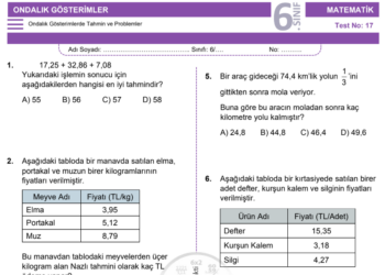 6.Sınıf Ondalık Gösterim Problemleri Testi