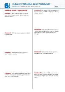 6.Sınıf Ondalık Gösterim Problemleri Çalışma Kağıdı