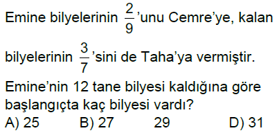 6.Sınıf Kesir Problemleri Online Test