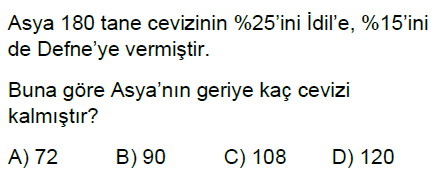 5.Sınıf Bir Çokluğun Yüzdesini Bulma Online Test