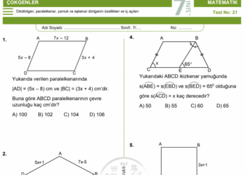 7.Sınıf Dörtgenler Ve Dörtgende Açılar Testi 2