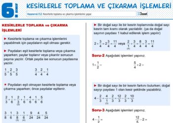 6.Sınıf Kesirlerle Toplama ve Çıkarma İşlemi Çalışma Kağıdı