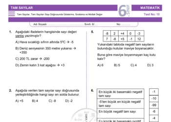 6.Sınıf Tam Sayılar Testi