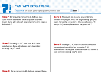 7.Sınıf Tam Sayı Problemleri Çalışma Kağıdı
