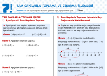7.Sınıf Tam Sayılarla Toplama ve Çıkarma İşlemi Çalışma Kağıdı