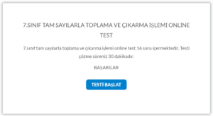 7.Sınıf Tam Sayılarla Toplama ve Çıkarma İşlemi Online Test