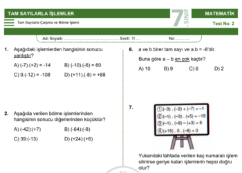 7.Sınıf Tam Sayılarla Çarpma ve Bölme İşlemi Testi