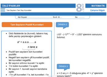 8.Sınıf Tam Sayıların Tam Sayı Kuvvetleri Çalışma Kağıdı