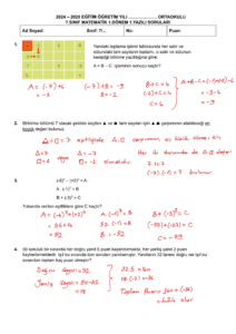 2025 – 2026 7.Sınıf Matematik 1.Dönem 1.Yazılı Soruları