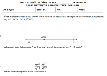 2025 – 2026 8.Sınıf Matematik 1.Dönem 2.Yazılı Soruları