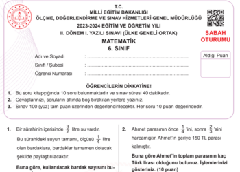 6.Sınıf Matematik 2.Dönem 1.Yazılı MEB Ortak Sınav Soruları 2023-2024