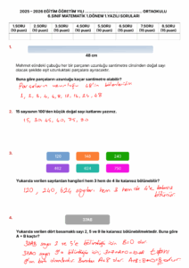 2025 – 2026 6.Sınıf Matematik 1.Dönem 1.Yazılı Soruları