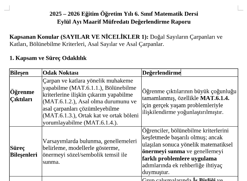 6.Sınıf Matematik Maarif Modeli Aylık Raporlar - Matematik Vakti