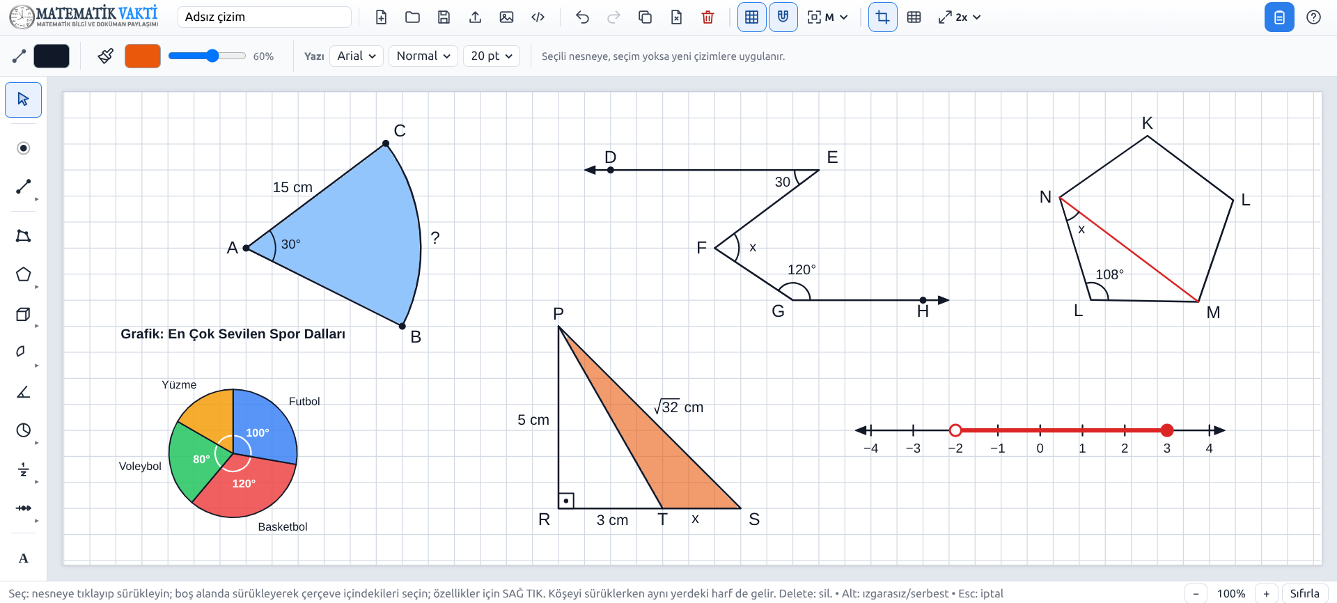 Geometri Çizim Editörü'nde koordinat sistemi, piramit, daire dilimi, daire grafiği, sütun grafiği ve sayı doğrusu çizilmiş ekran